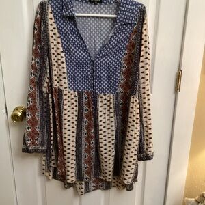 En Creme Blue & Cream Boho V-Neck Tunic with Rust Accents